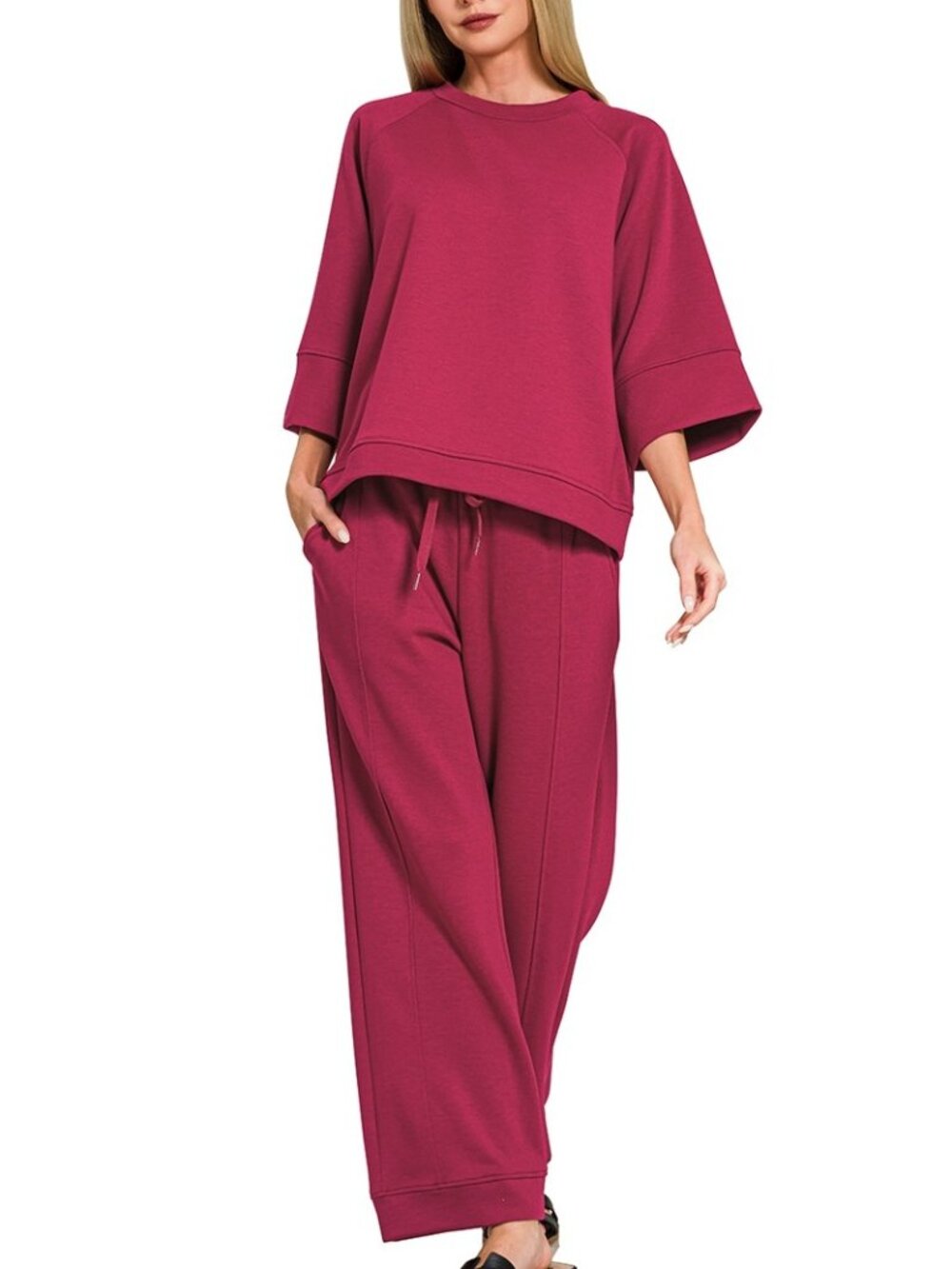 Scuba 3/4 Sleeve Pullover & Pants Set in Cabernet